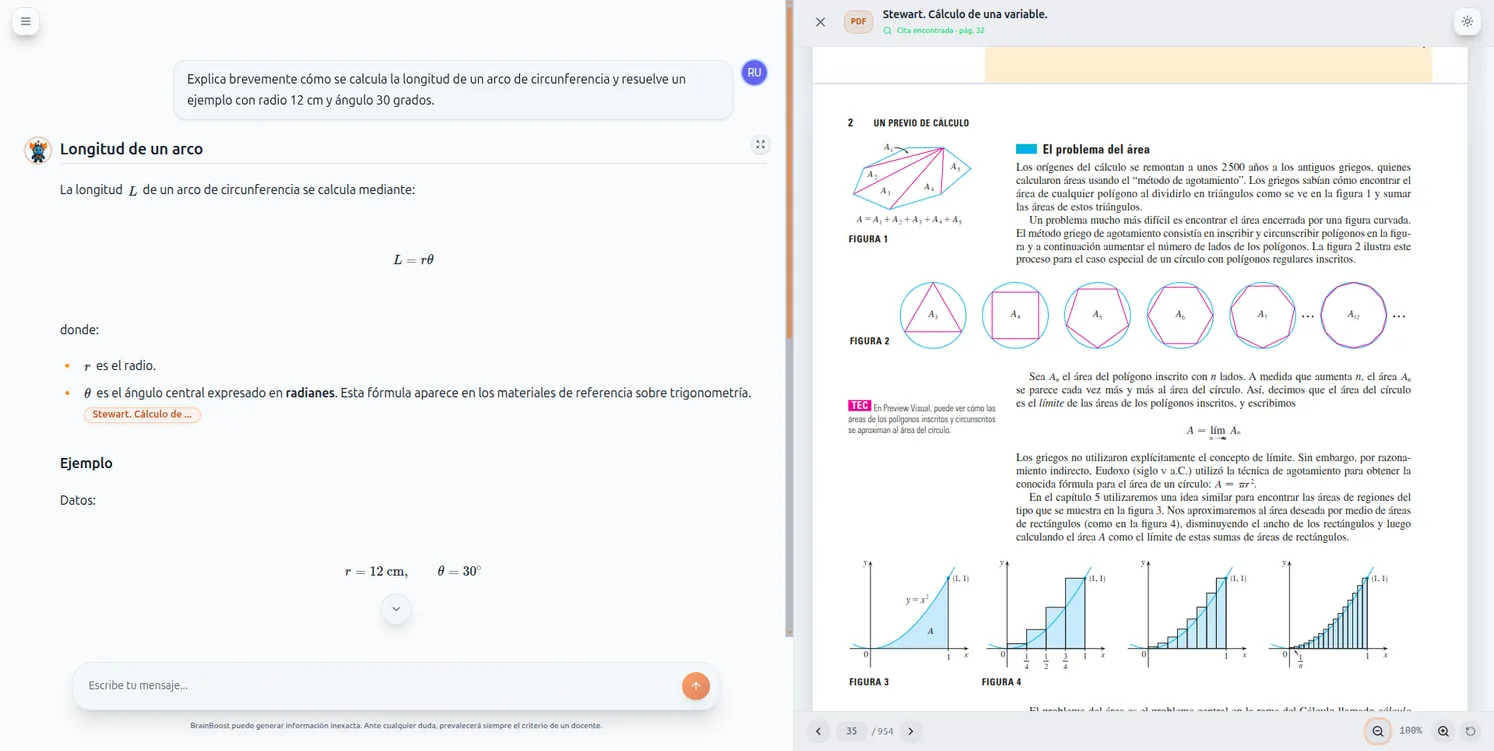 Respuesta del tutor IA de BrainBoost citando la página exacta del PDF del profesor